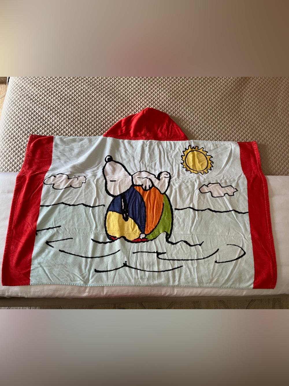 Pottery Barn Kids Red Hooded Beach Towel with Snoopy Cartoon